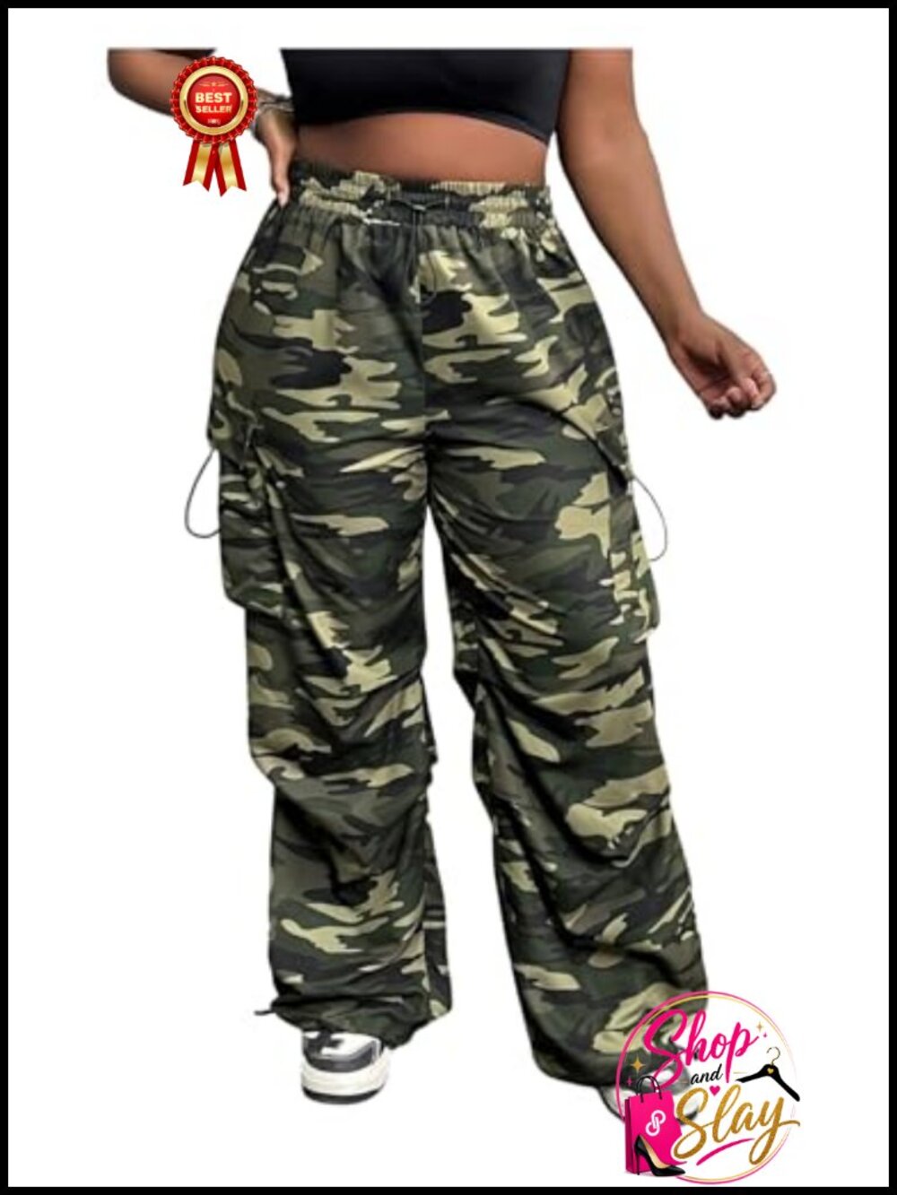 Plus Size Camo Cargo Pants Wide Leg Elastic Waist Trousers